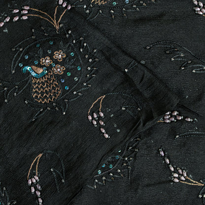 Sanskriti Vintage Black Pure Silk Saree Hand Beaded Indian 5.5+YD Craft Fabric