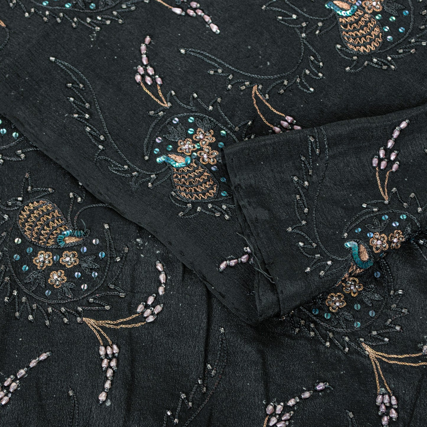 Sanskriti Vintage Black Pure Silk Saree Hand Beaded Indian 5.5+YD Craft Fabric