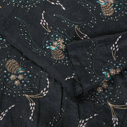 Sanskriti Vintage Black Pure Silk Saree Hand Beaded Indian 5.5+YD Craft Fabric