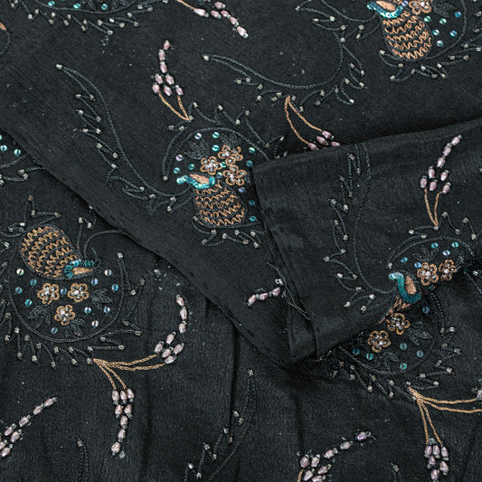 Sanskriti Vintage Black Pure Silk Saree Hand Beaded Indian 5.5+YD Craft Fabric