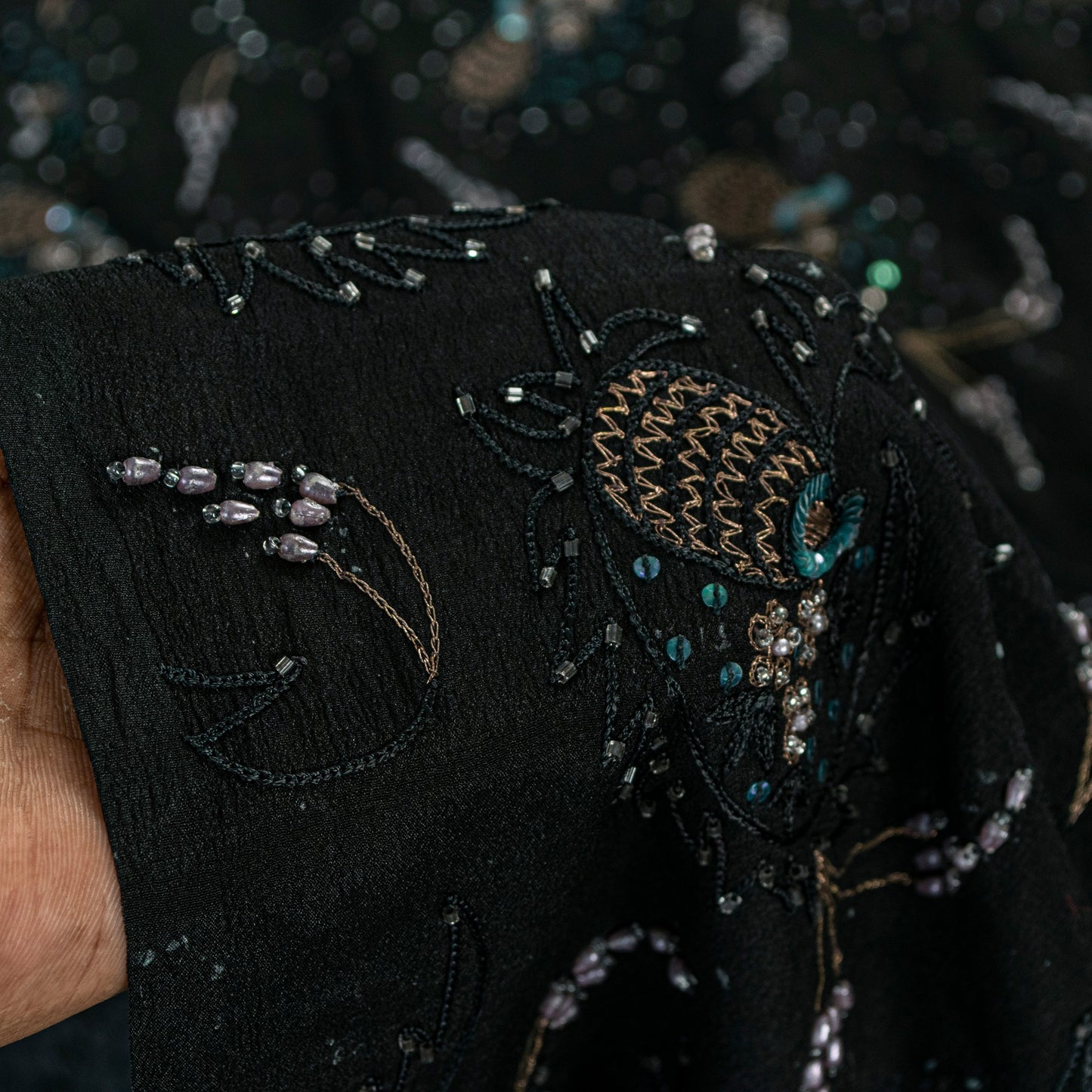 Sanskriti Vintage Black Pure Silk Saree Hand Beaded Indian 5.5+YD Craft Fabric