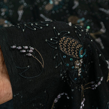 Sanskriti Vintage Black Pure Silk Saree Hand Beaded Indian 5.5+YD Craft Fabric
