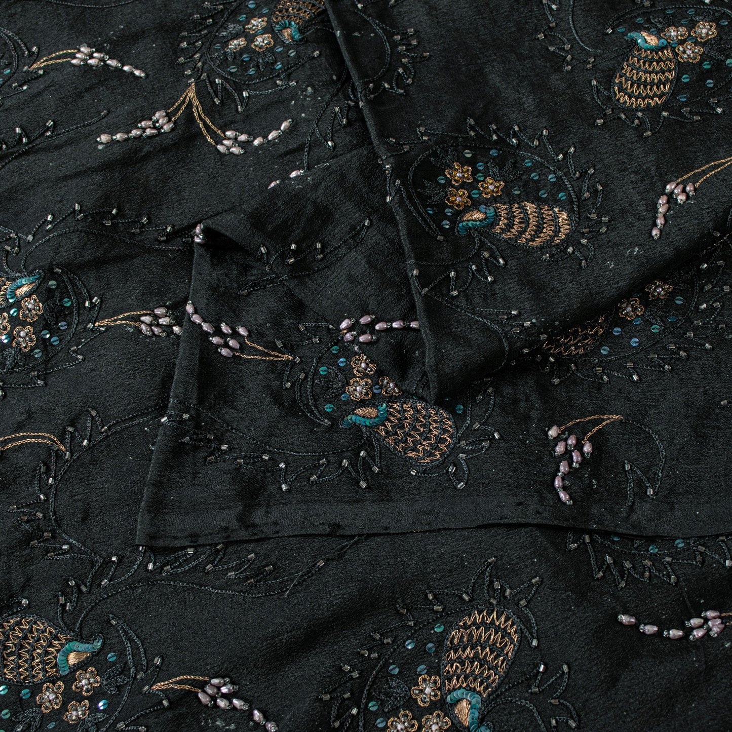 Sanskriti Vintage Black Pure Silk Saree Hand Beaded Indian 5.5+YD Craft Fabric