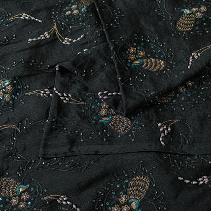 Sanskriti Vintage Black Pure Silk Saree Hand Beaded Indian 5.5+YD Craft Fabric