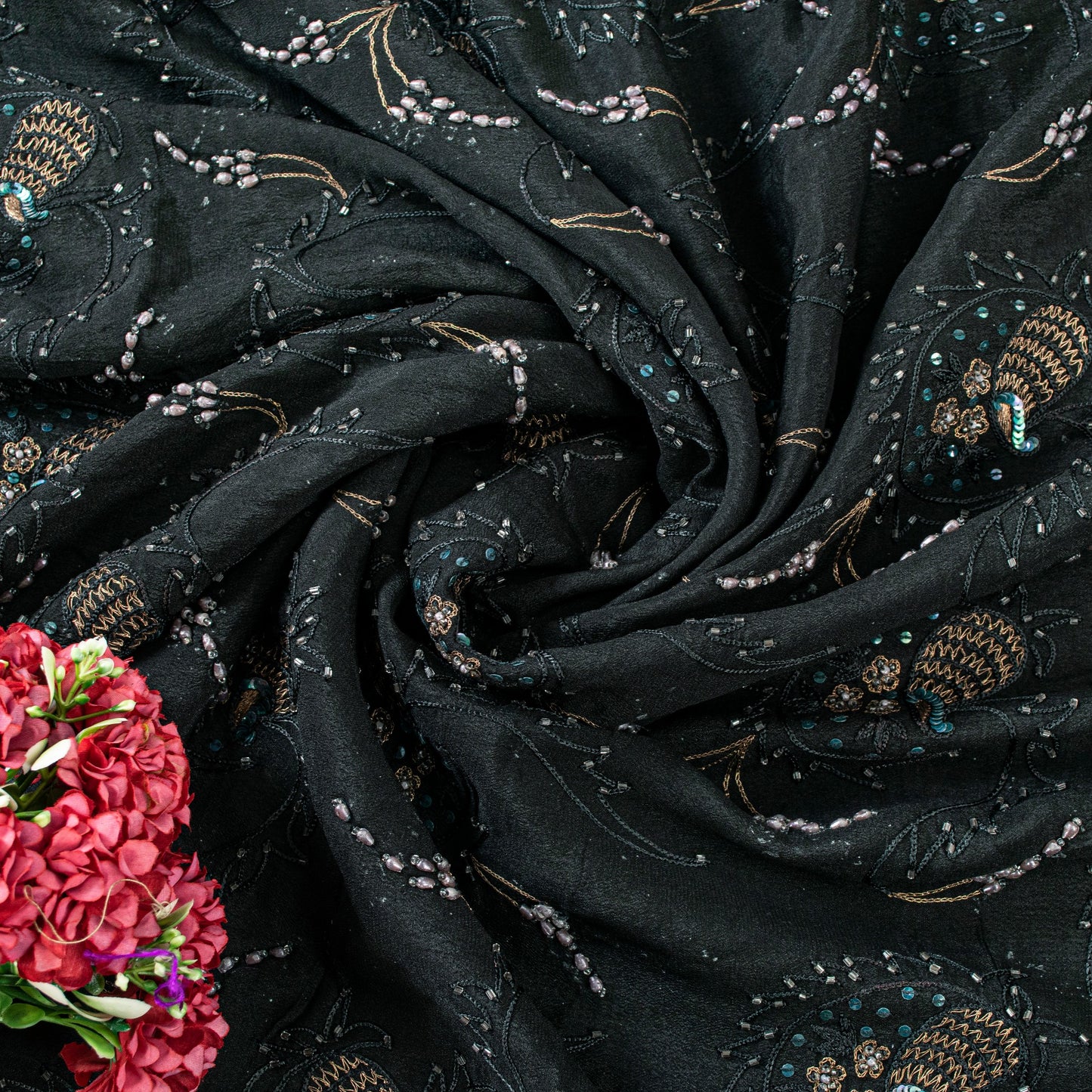 Sanskriti Vintage Black Pure Silk Saree Hand Beaded Indian 5.5+YD Craft Fabric