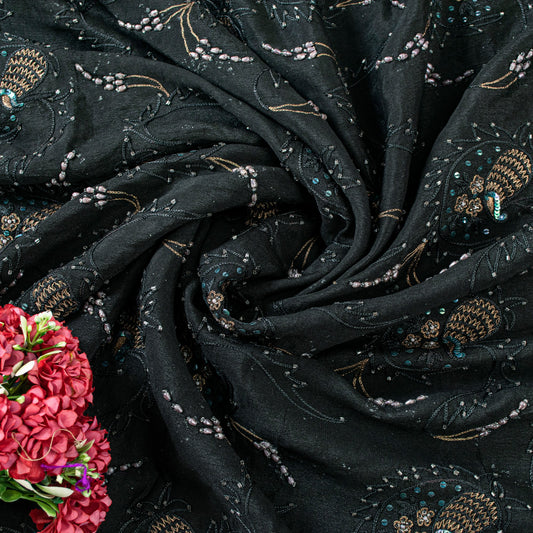 Sanskriti Vintage Black Pure Silk Saree Hand Beaded Indian 5.5+YD Craft Fabric