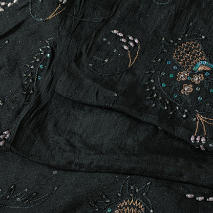 Sanskriti Vintage Black Pure Silk Saree Hand Beaded Indian 5.5+YD Craft Fabric