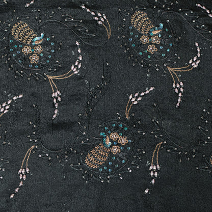 Sanskriti Vintage Black Pure Silk Saree Hand Beaded Indian 5.5+YD Craft Fabric