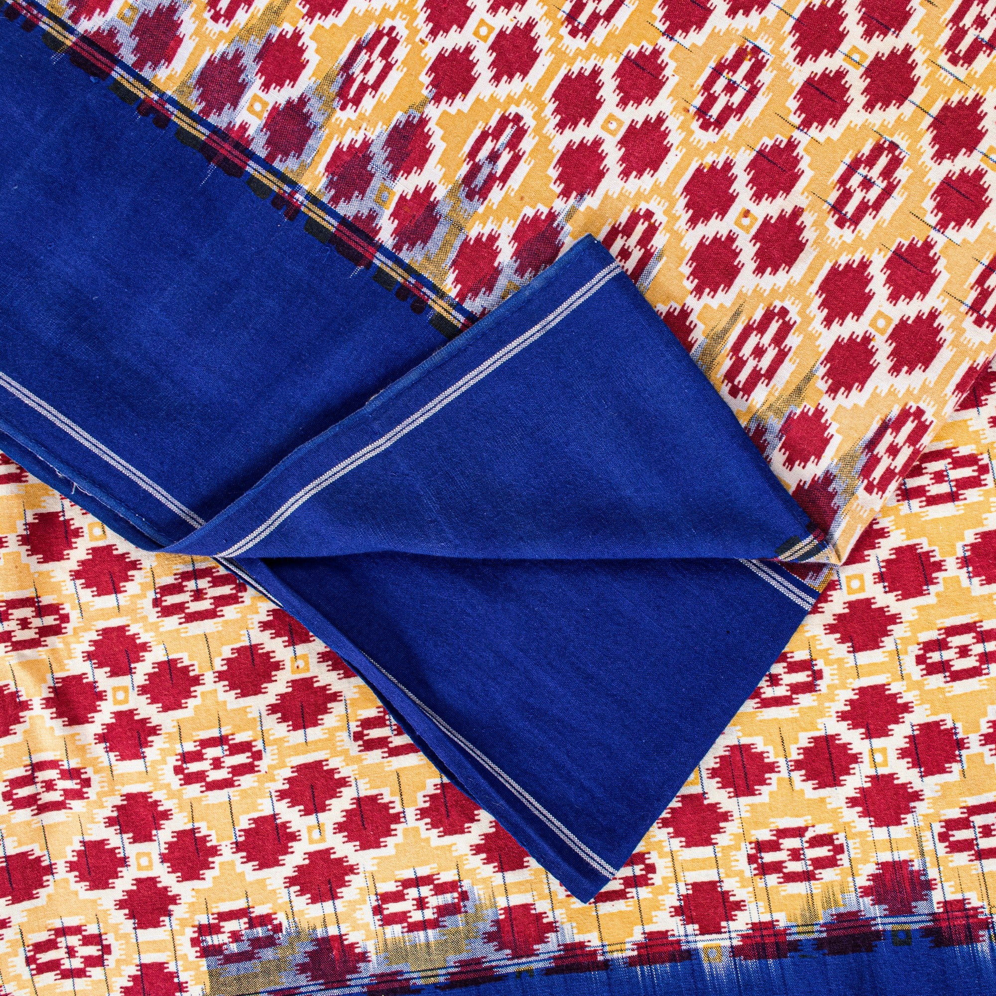 Sanskriti Vintage Red-Blue Pure Cotton Saree Hand Woven Ikat Printed 5+YD Fabric