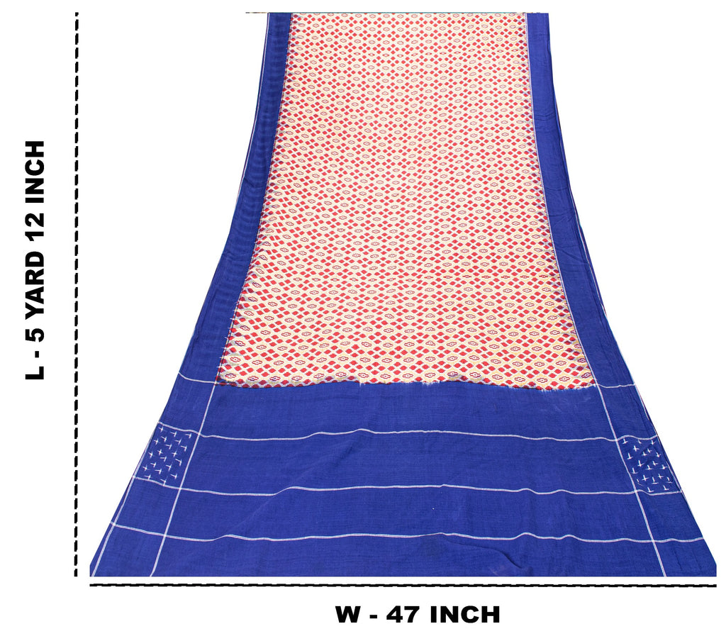 Sanskriti Vintage Red-Blue Pure Cotton Saree Hand Woven Ikat Printed 5+YD Fabric
