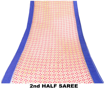 Sanskriti Vintage Red-Blue Pure Cotton Saree Hand Woven Ikat Printed 5+YD Fabric