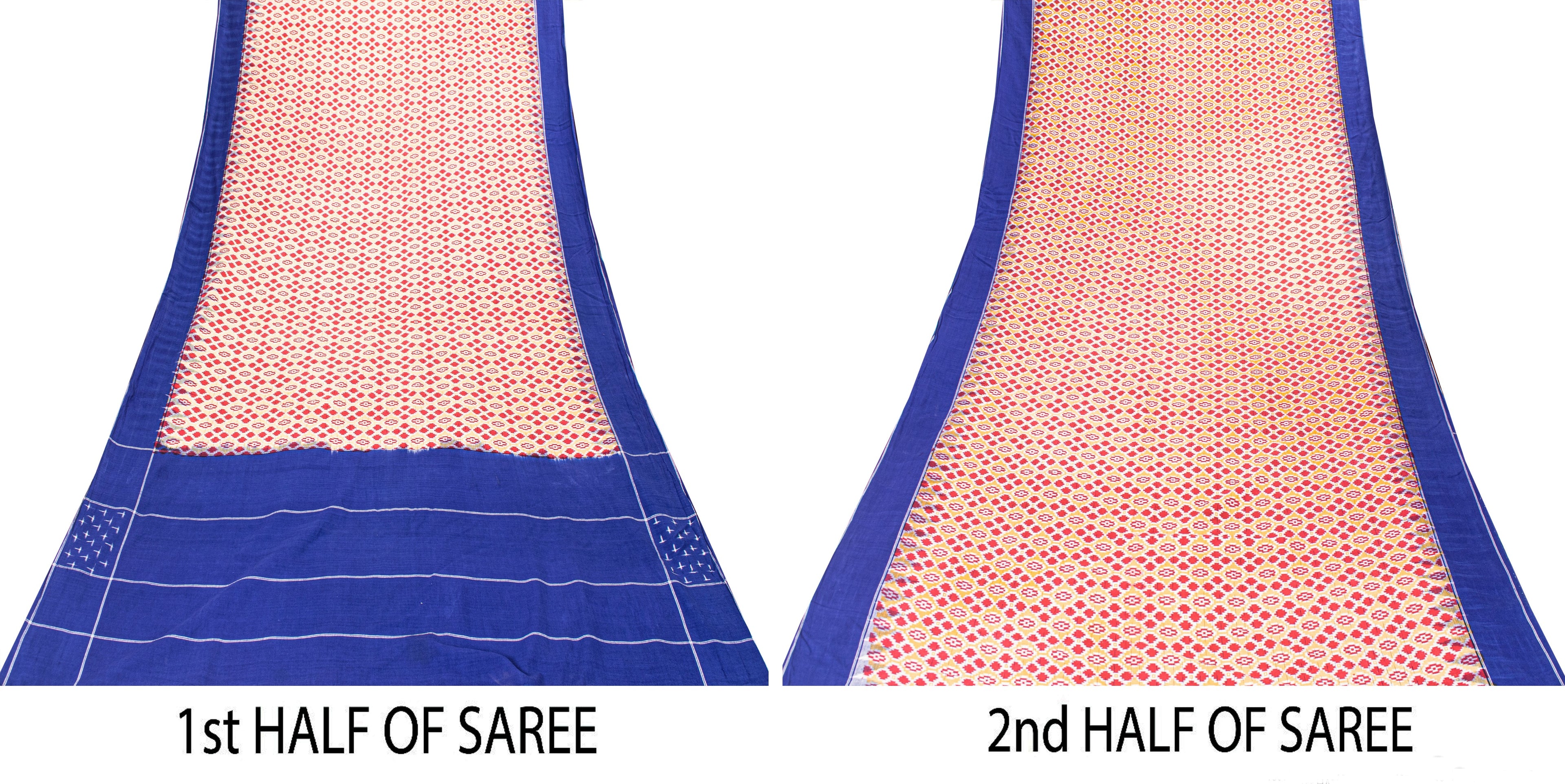 Sanskriti Vintage Red-Blue Pure Cotton Saree Hand Woven Ikat Printed 5+YD Fabric