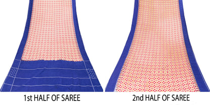 Sanskriti Vintage Red-Blue Pure Cotton Saree Hand Woven Ikat Printed 5+YD Fabric