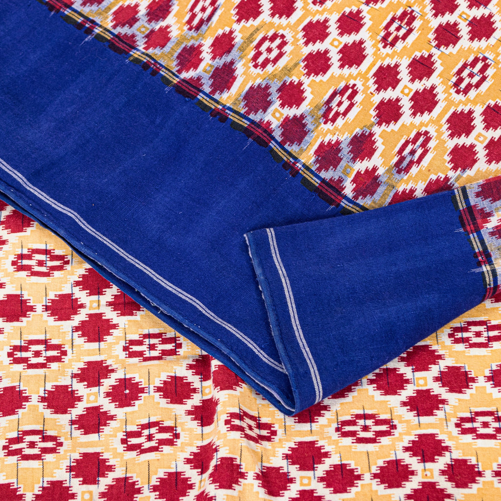 Sanskriti Vintage Red-Blue Pure Cotton Saree Hand Woven Ikat Printed 5+YD Fabric