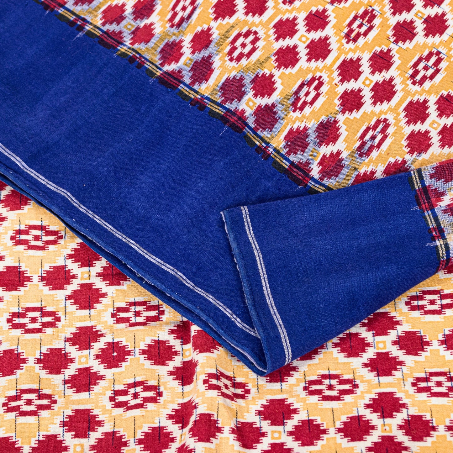 Sanskriti Vintage Red-Blue Pure Cotton Saree Hand Woven Ikat Printed 5+YD Fabric