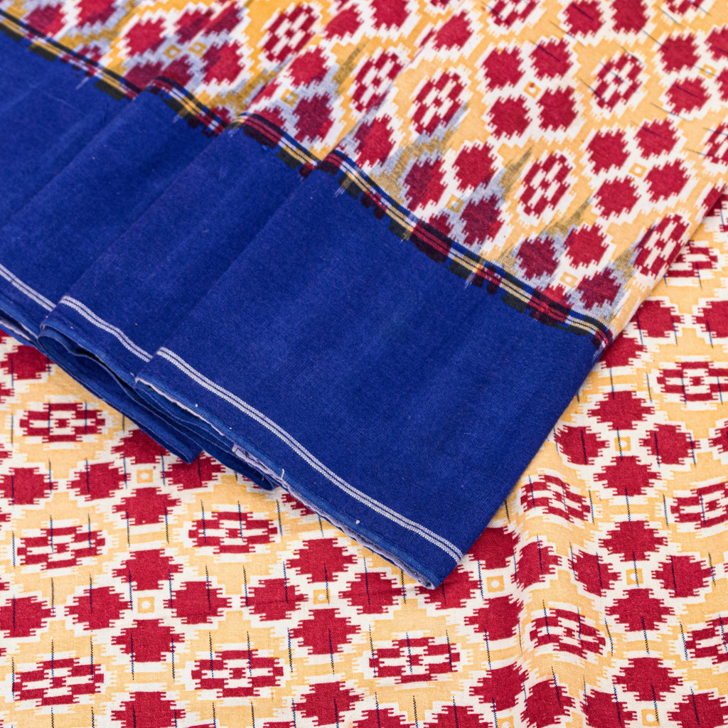 Sanskriti Vintage Red-Blue Pure Cotton Saree Hand Woven Ikat Printed 5+YD Fabric