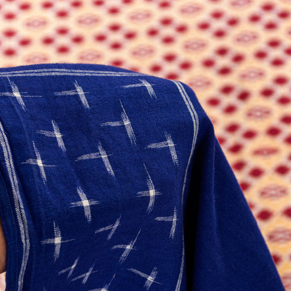 Sanskriti Vintage Red-Blue Pure Cotton Saree Hand Woven Ikat Printed 5+YD Fabric