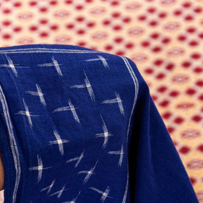 Sanskriti Vintage Red-Blue Pure Cotton Saree Hand Woven Ikat Printed 5+YD Fabric