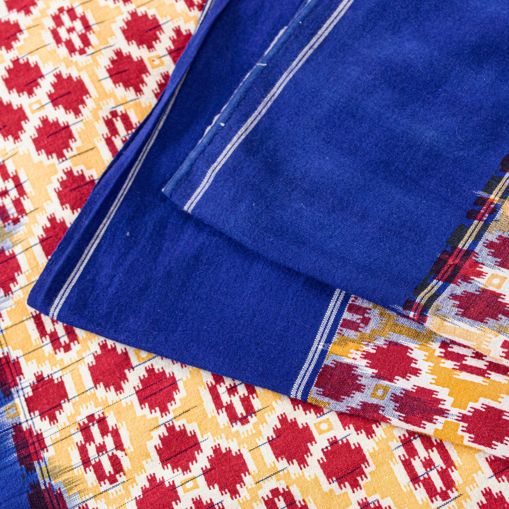 Sanskriti Vintage Red-Blue Pure Cotton Saree Hand Woven Ikat Printed 5+YD Fabric