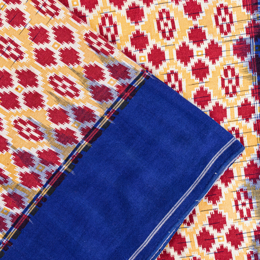 Sanskriti Vintage Red-Blue Pure Cotton Saree Hand Woven Ikat Printed 5+YD Fabric