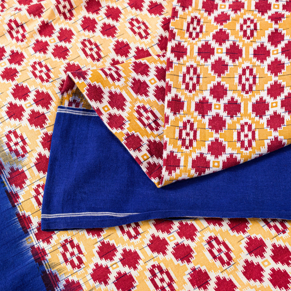 Sanskriti Vintage Red-Blue Pure Cotton Saree Hand Woven Ikat Printed 5+YD Fabric