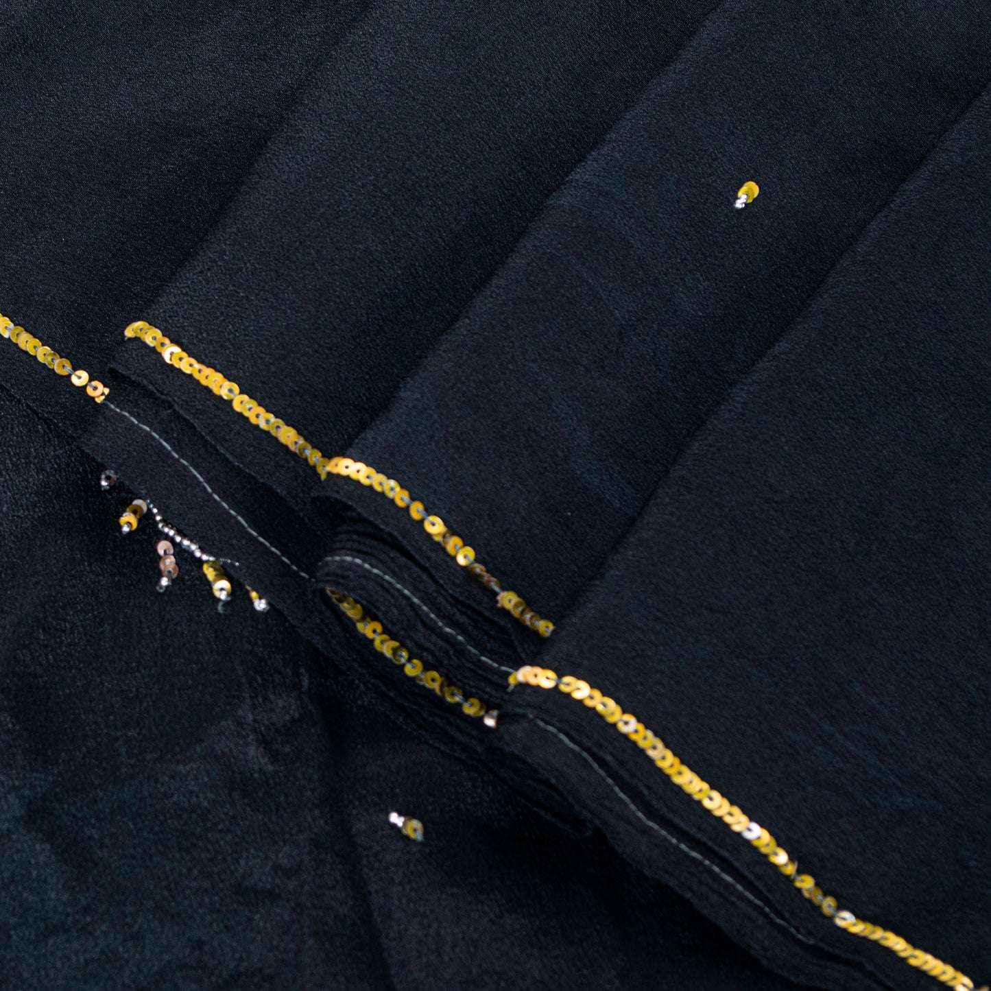 Sanskriti Vintage Black Pure Crepe Silk Sequins & Bead Work 6.5+Yd Saree Fabric