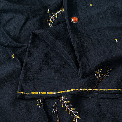 Sanskriti Vintage Black Pure Crepe Silk Sequins & Bead Work 6.5+Yd Saree Fabric