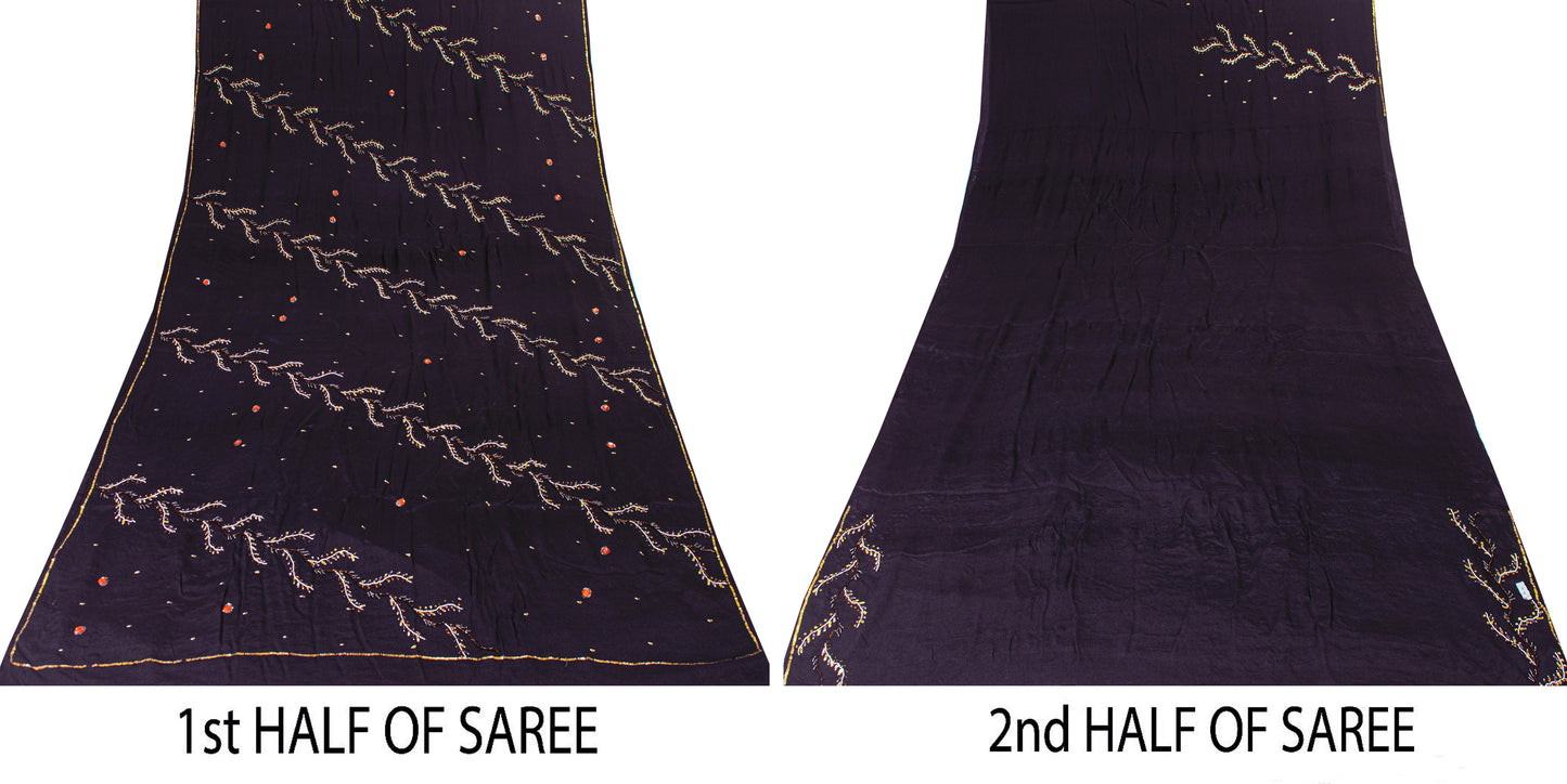Sanskriti Vintage Black Pure Crepe Silk Sequins & Bead Work 6.5+Yd Saree Fabric