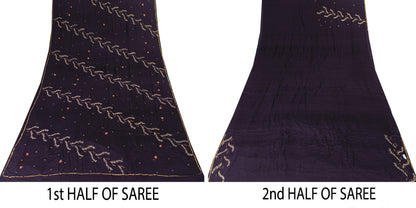 Sanskriti Vintage Black Pure Crepe Silk Sequins & Bead Work 6.5+Yd Saree Fabric