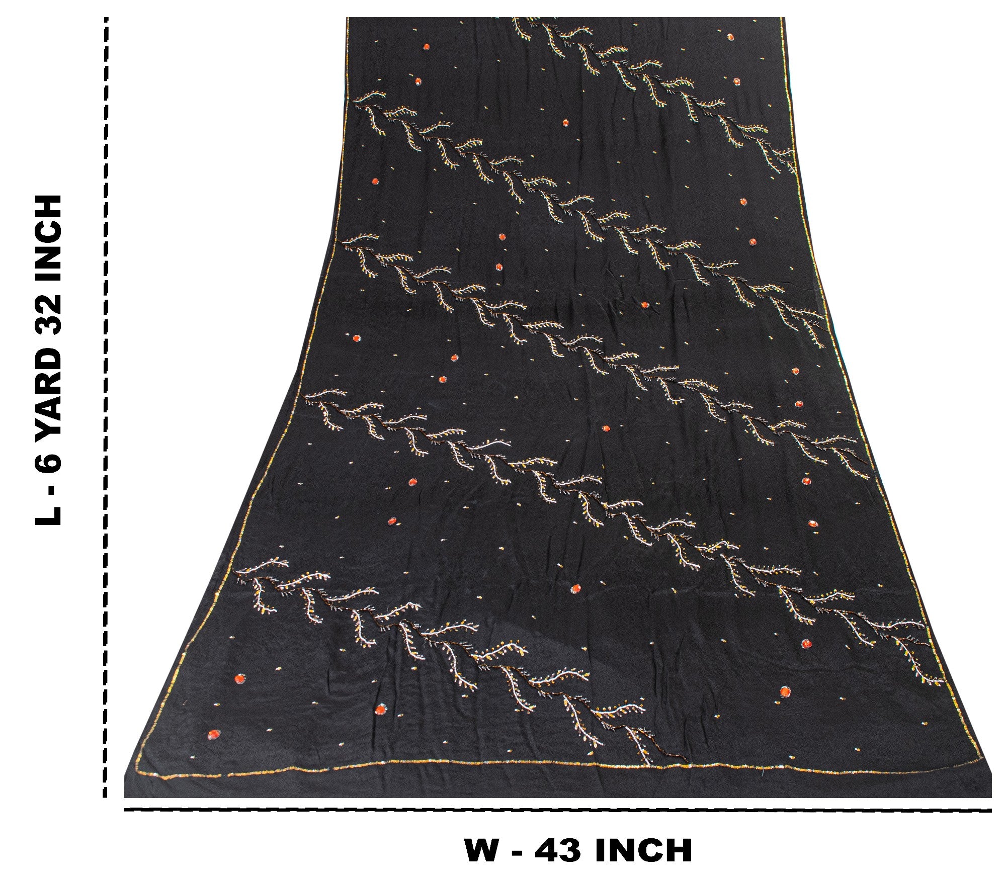 Sanskriti Vintage Black Pure Crepe Silk Sequins & Bead Work 6.5+Yd Saree Fabric