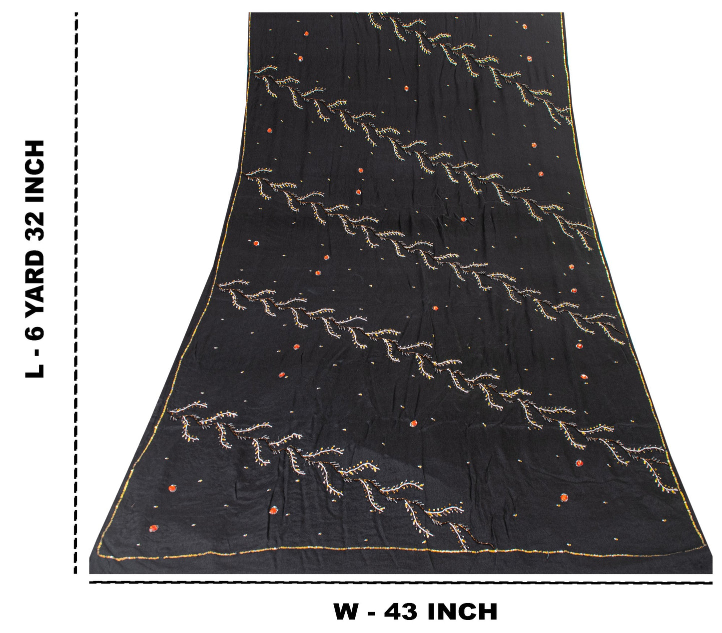 Sanskriti Vintage Black Pure Crepe Silk Sequins & Bead Work 6.5+Yd Saree Fabric