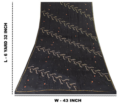 Sanskriti Vintage Black Pure Crepe Silk Sequins & Bead Work 6.5+Yd Saree Fabric