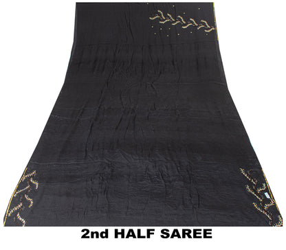 Sanskriti Vintage Black Pure Crepe Silk Sequins & Bead Work 6.5+Yd Saree Fabric