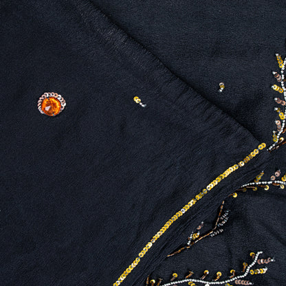Sanskriti Vintage Black Pure Crepe Silk Sequins & Bead Work 6.5+Yd Saree Fabric