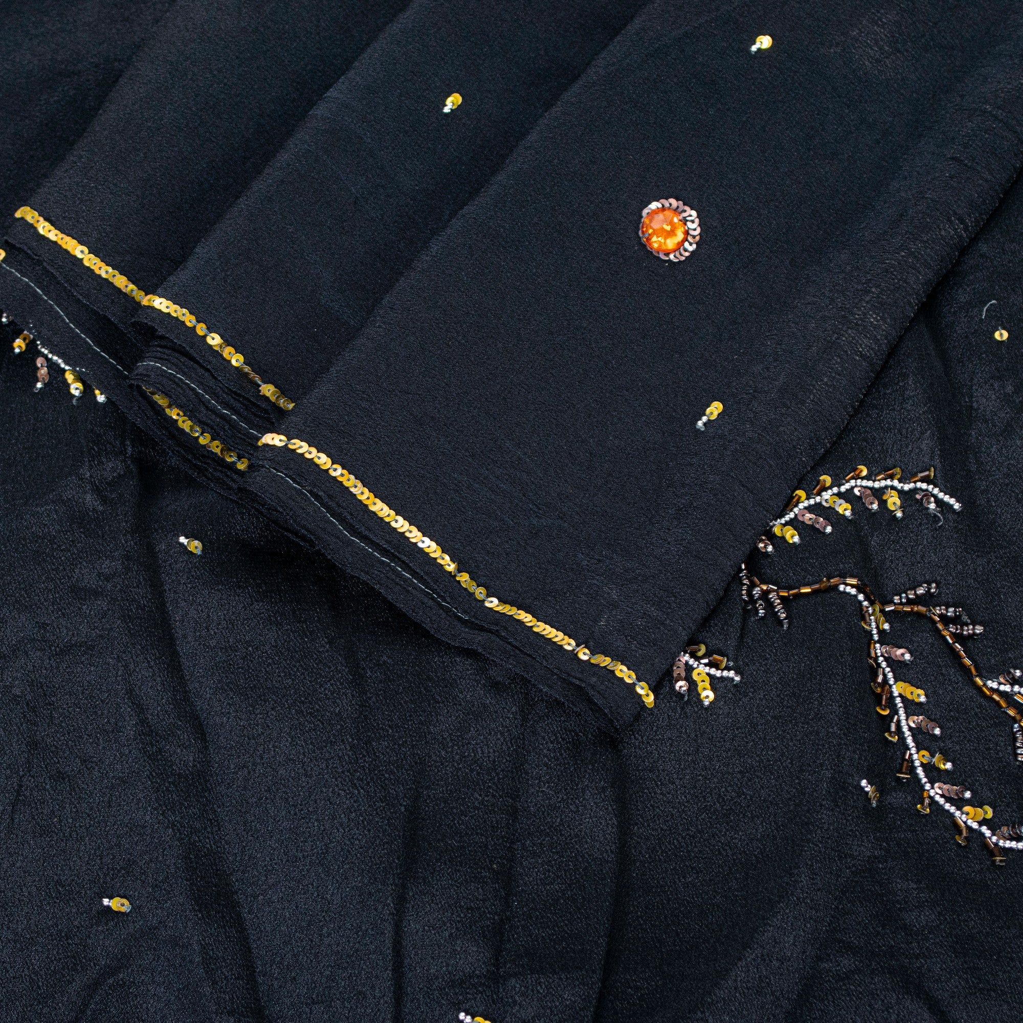 Sanskriti Vintage Black Pure Crepe Silk Sequins & Bead Work 6.5+Yd Saree Fabric