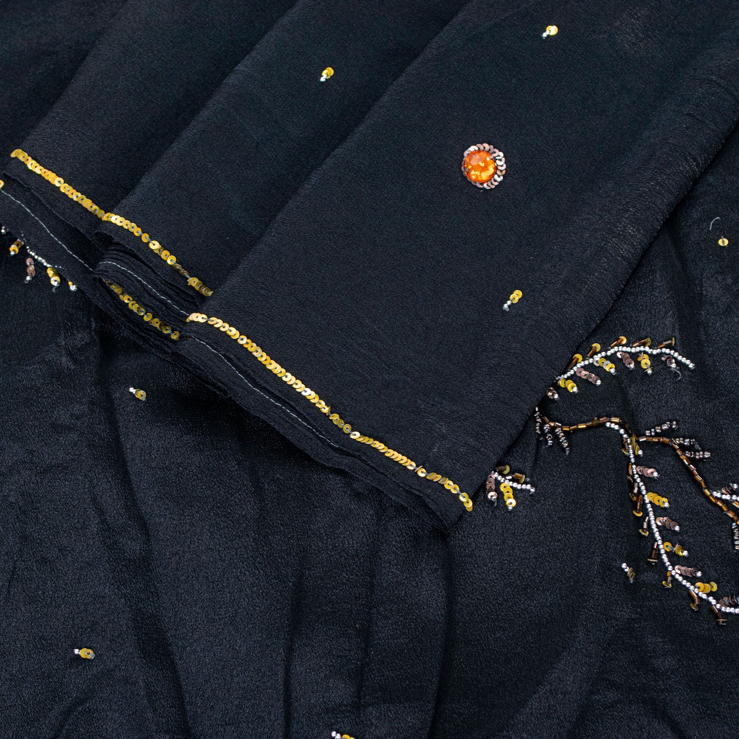 Sanskriti Vintage Black Pure Crepe Silk Sequins & Bead Work 6.5+Yd Saree Fabric
