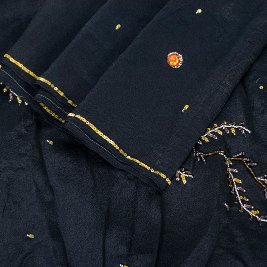Sanskriti Vintage Black Pure Crepe Silk Sequins & Bead Work 6.5+Yd Saree Fabric