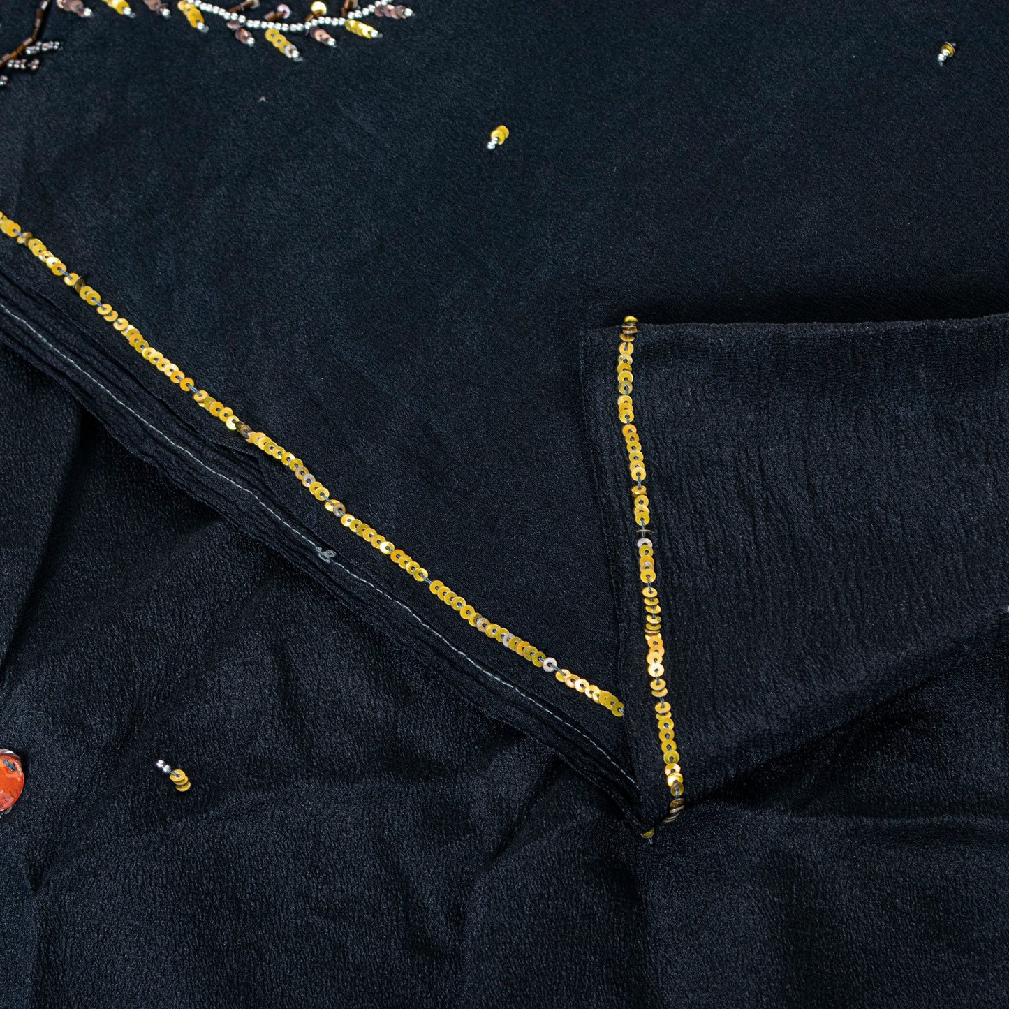 Sanskriti Vintage Black Pure Crepe Silk Sequins & Bead Work 6.5+Yd Saree Fabric