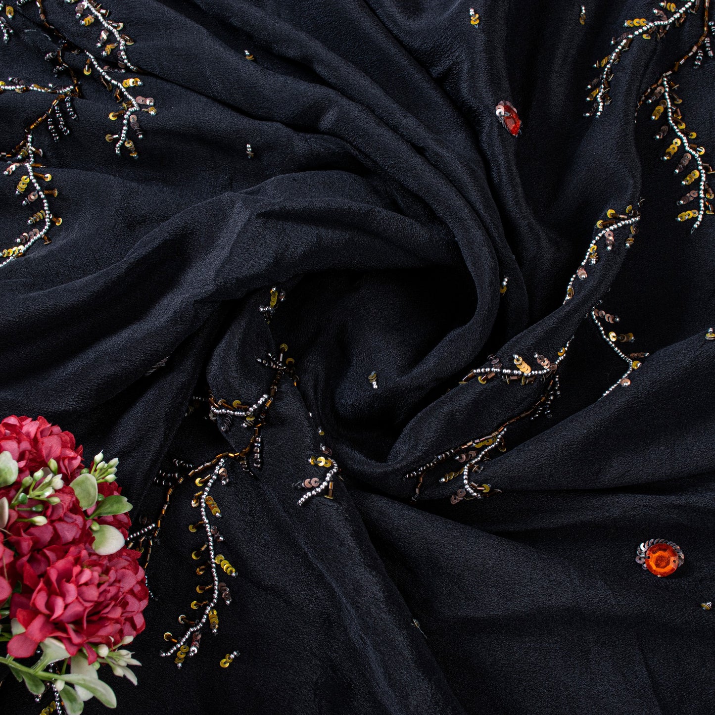 Sanskriti Vintage Black Pure Crepe Silk Sequins & Bead Work 6.5+Yd Saree Fabric