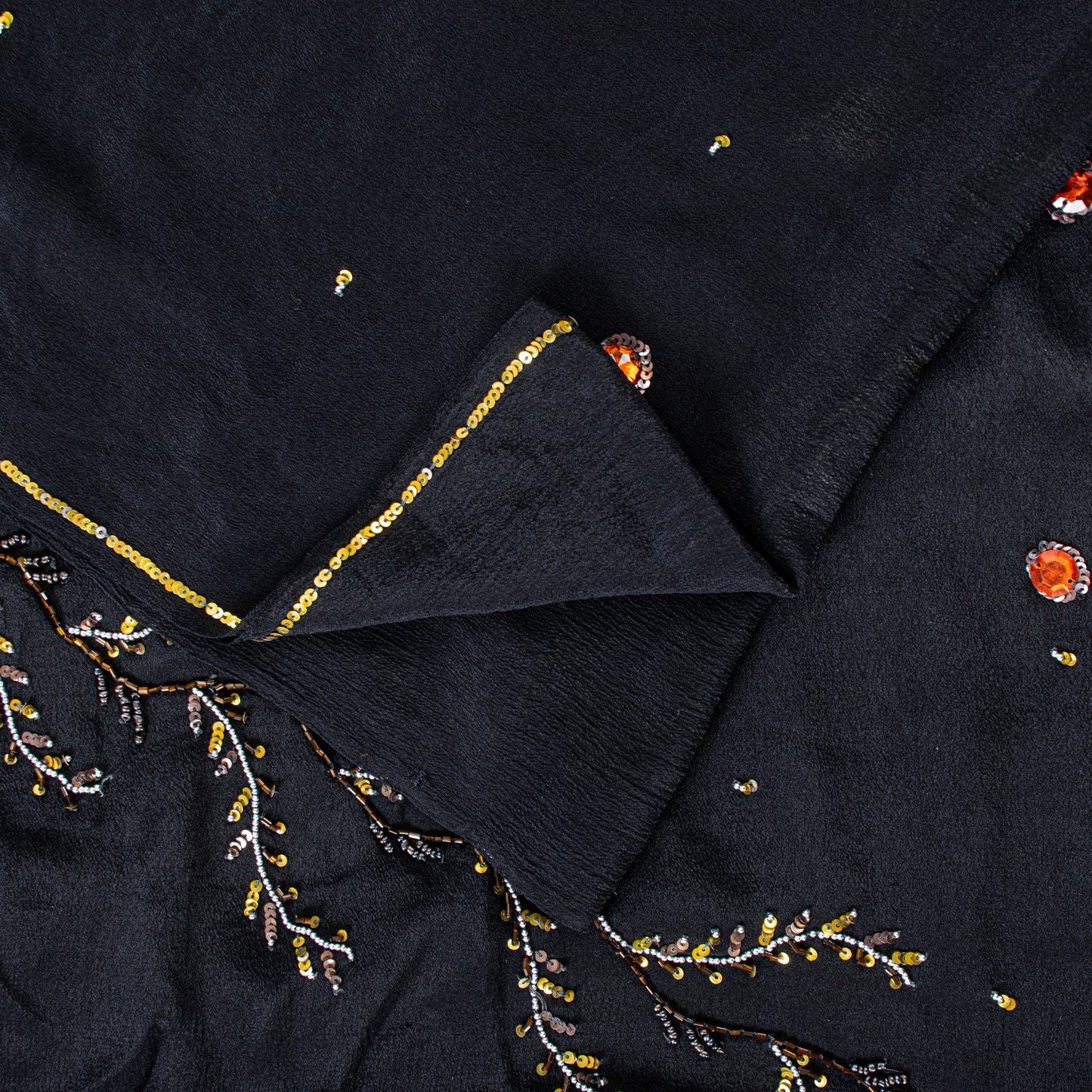 Sanskriti Vintage Black Pure Crepe Silk Sequins & Bead Work 6.5+Yd Saree Fabric