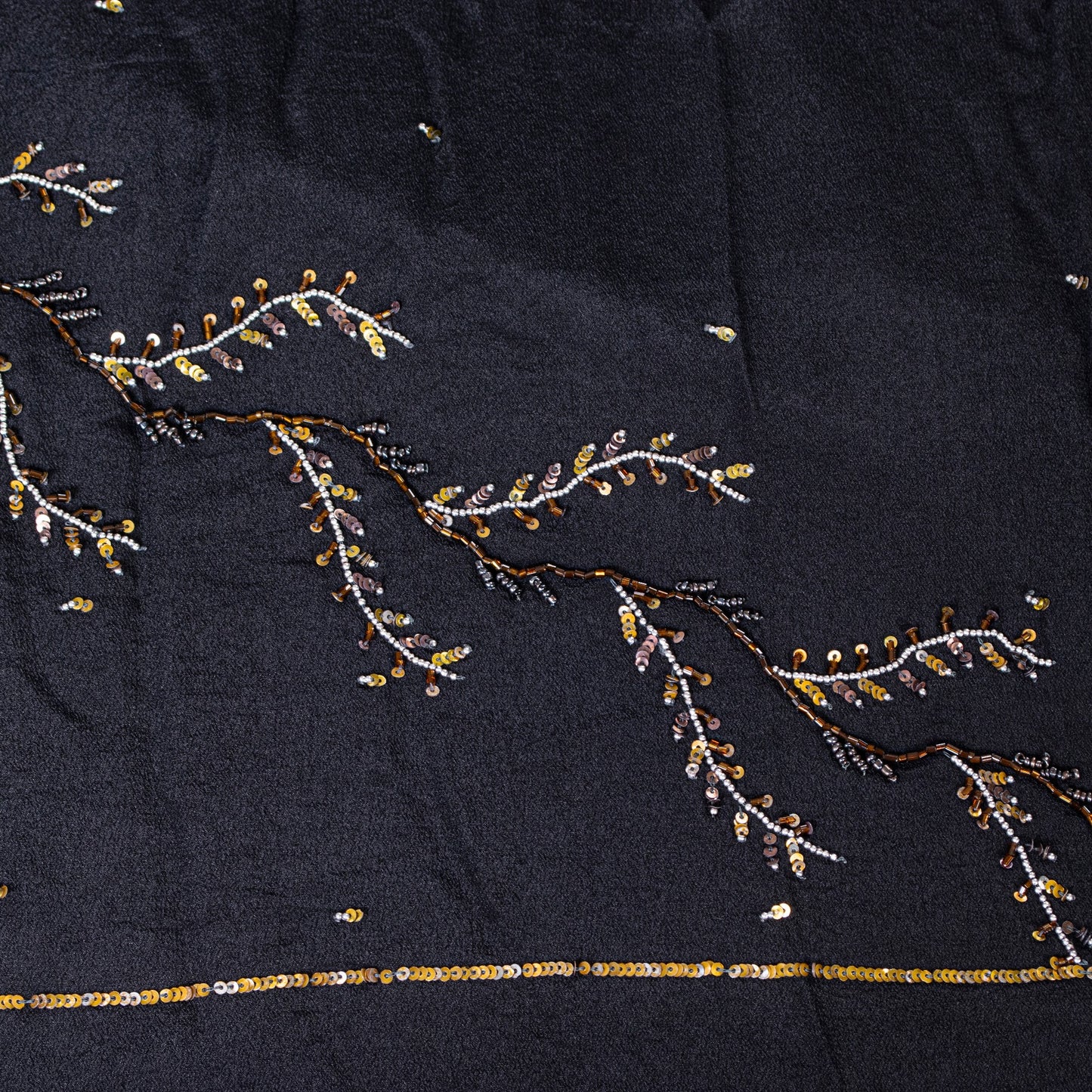 Sanskriti Vintage Black Pure Crepe Silk Sequins & Bead Work 6.5+Yd Saree Fabric