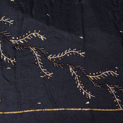 Sanskriti Vintage Black Pure Crepe Silk Sequins & Bead Work 6.5+Yd Saree Fabric