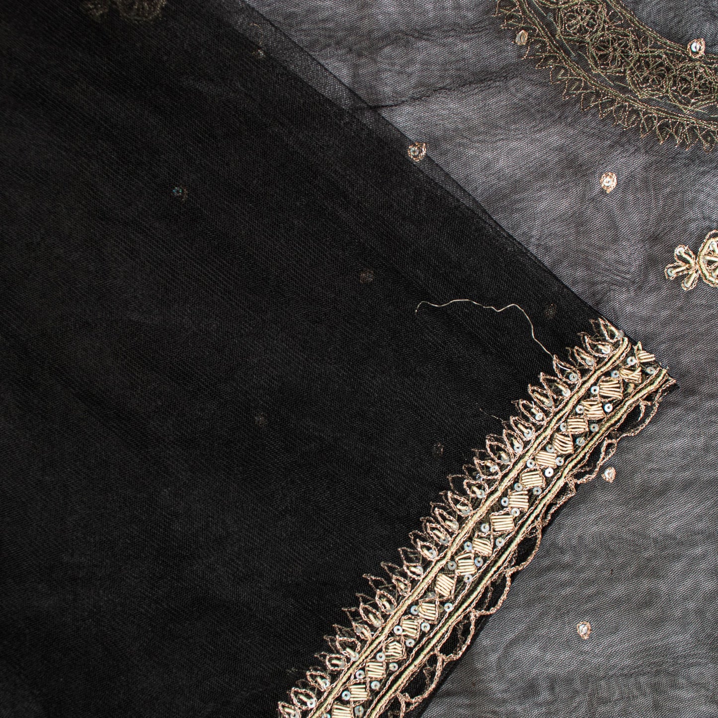 Sanskriti Vintage Black Net Mesh Saree Hand Embroidered Zardozi Dabka 6YD Fabric