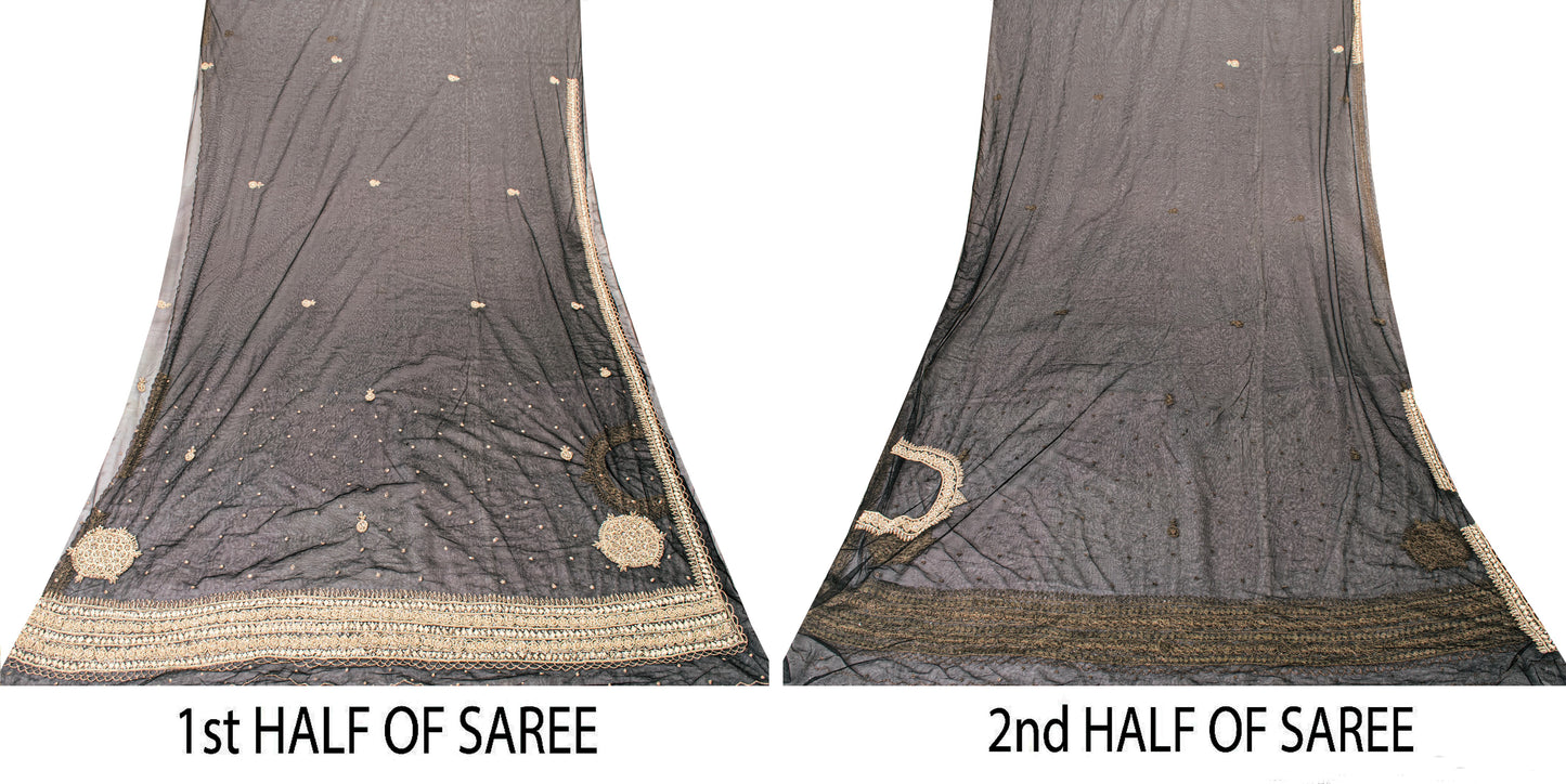 Sanskriti Vintage Black Net Mesh Saree Hand Embroidered Zardozi Dabka 6YD Fabric