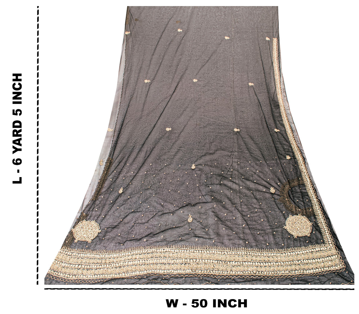 Sanskriti Vintage Black Net Mesh Saree Hand Embroidered Zardozi Dabka 6YD Fabric