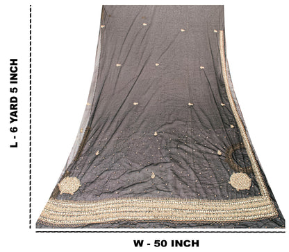 Sanskriti Vintage Black Net Mesh Saree Hand Embroidered Zardozi Dabka 6YD Fabric