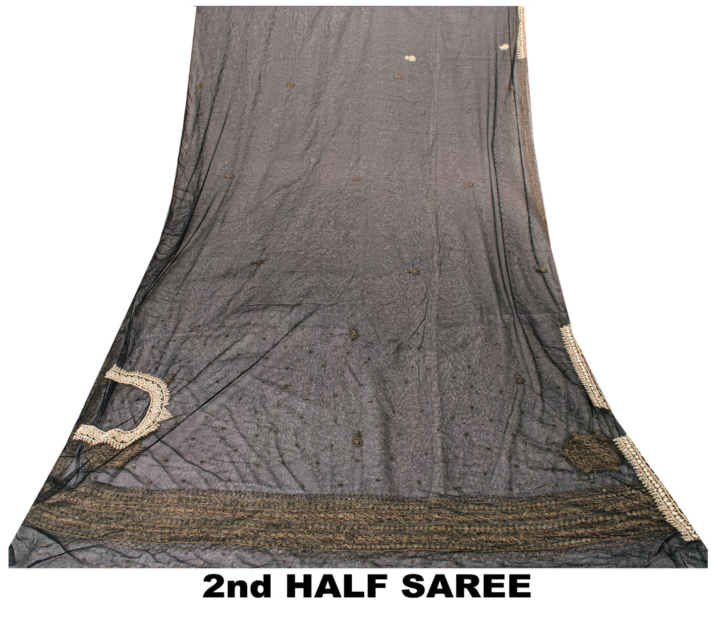 Sanskriti Vintage Black Net Mesh Saree Hand Embroidered Zardozi Dabka 6YD Fabric