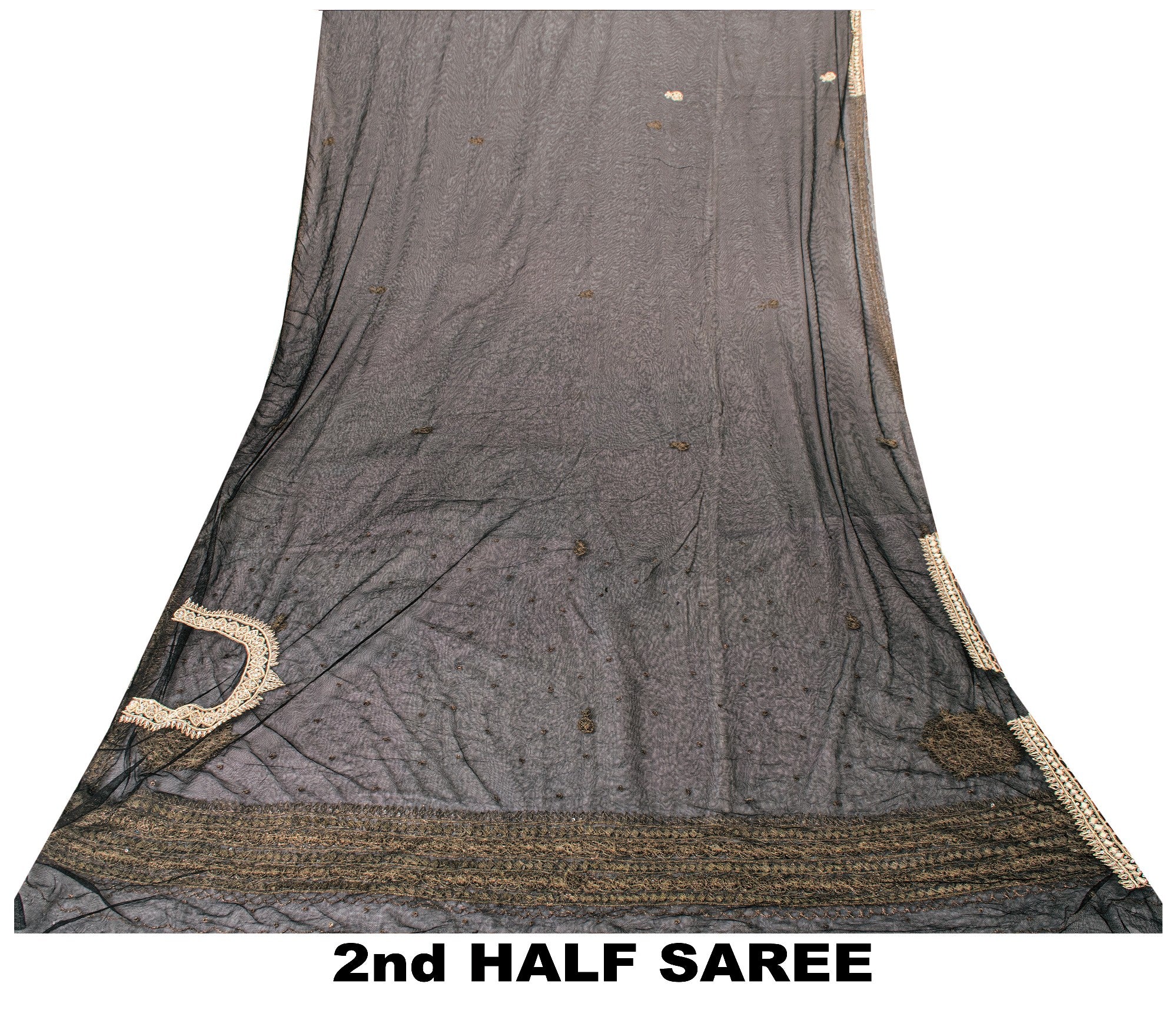 Sanskriti Vintage Black Net Mesh Saree Hand Embroidered Zardozi Dabka 6YD Fabric