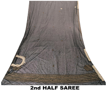 Sanskriti Vintage Black Net Mesh Saree Hand Embroidered Zardozi Dabka 6YD Fabric