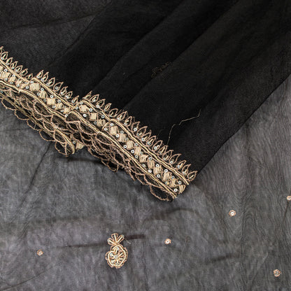 Sanskriti Vintage Black Net Mesh Saree Hand Embroidered Zardozi Dabka 6YD Fabric